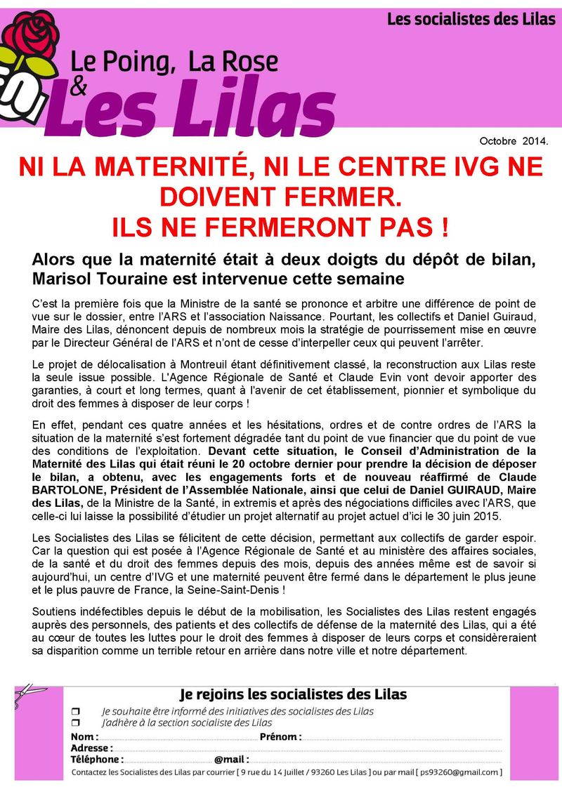 NI LA MATERNITE, NI LE CENTRE IVG NE DOIVENT FERMER. oct 2014-1