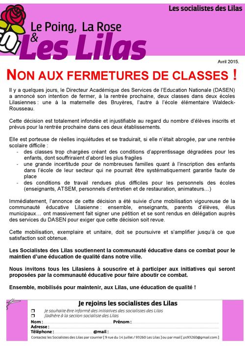 Tract Non aux fermetures de classes ! avril 2015